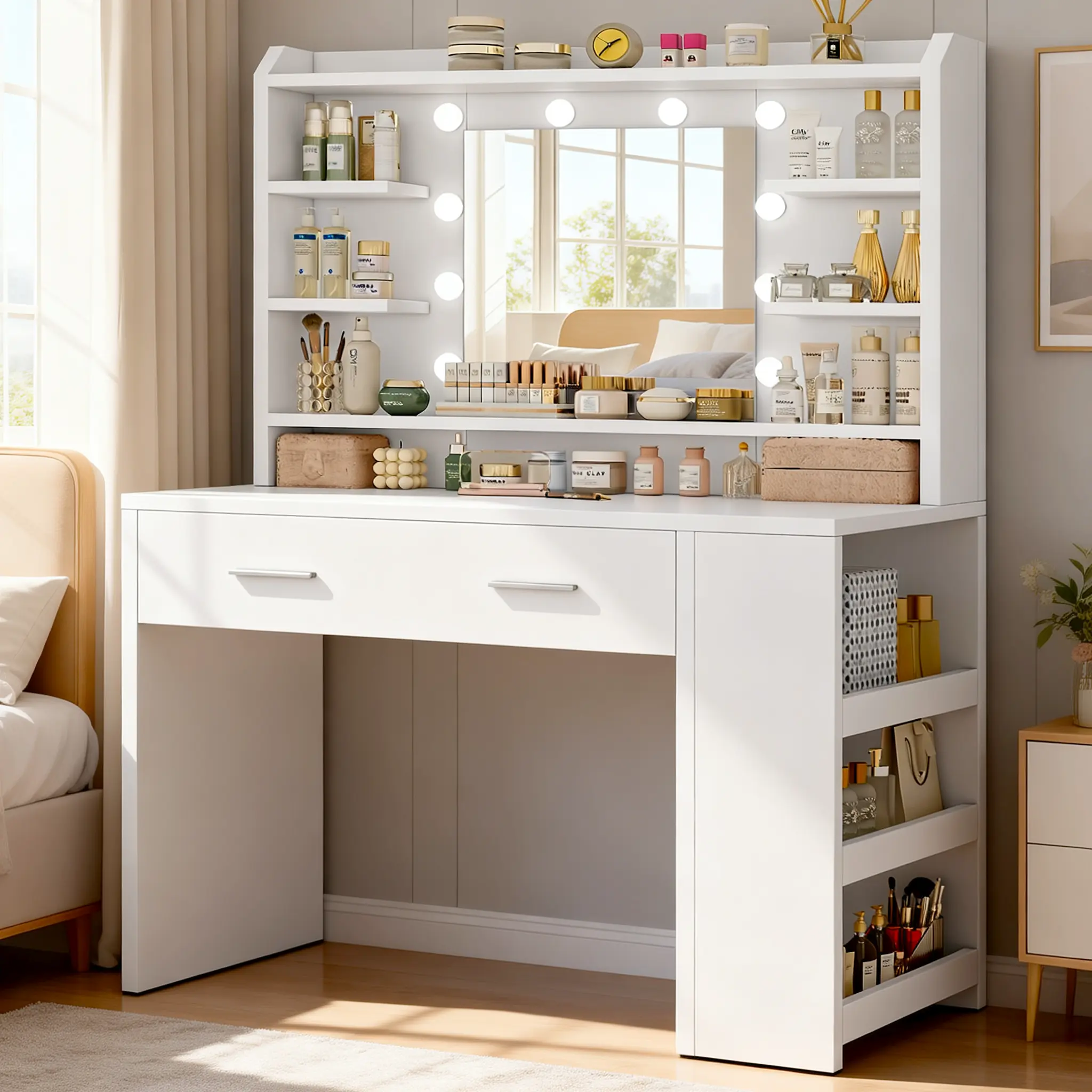 Makeup Vanity Desk with Mirror and Light,Modern Makeup Vanity Table, CurvedHandle-Free Desk with LED Lights and Mirror, 6 StorageShelves, Side Open Storage for Bedroom