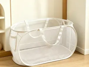 Foldable Laundry Hamper - Laundry Basket with Wide Opening, Side Pockets, Breathable Durable Material, Space-Saving Design, Ideal for Clothing Storage (Blue, White)