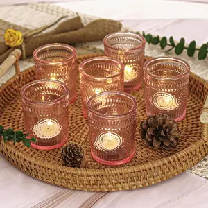 12 Pcs Pink Glass Votive Tealight Candle Holders Bulk for Table Centerpieces Boho Wedding Valentine's Day Pink Table Decor
