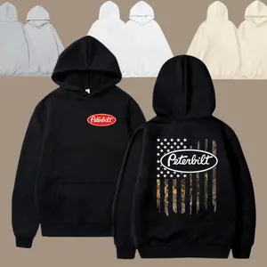 Peterbilt Camo Flag Hoodie – Vintage Peterbilt Logo Sweatshirt, Retro Semi Truck Driver Hoodie, Trucker American Flag Style Pullover, Unisex Black Top