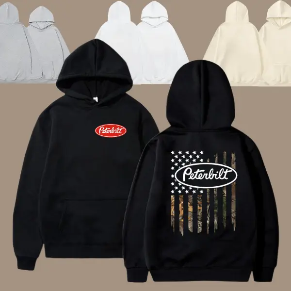 Peterbilt Camo Flag Hoodie – Vintage Peterbilt Logo Sweatshirt, Retro Semi Truck Driver Hoodie, Trucker American Flag Style Pullover, Unisex Black Top