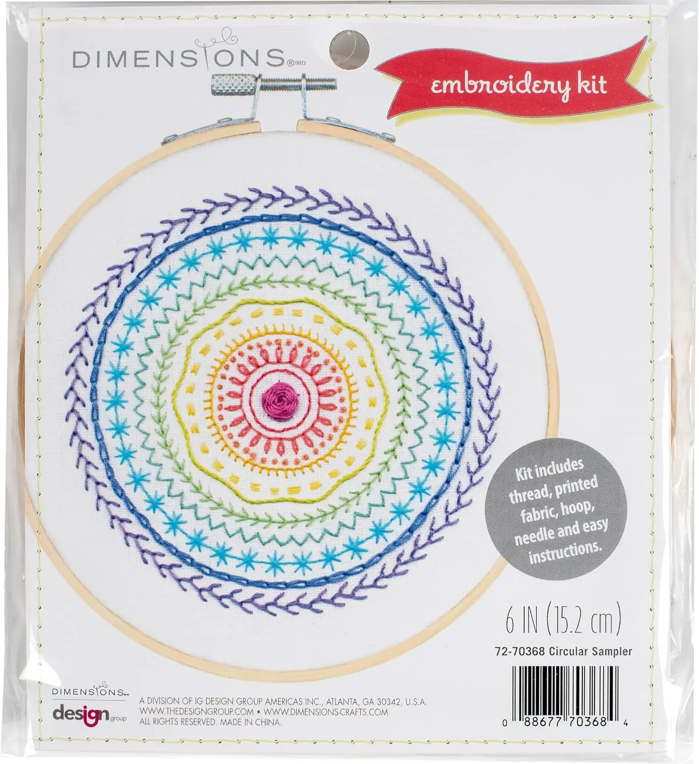 Dimensions Circular Embroidery Sampler Kit for Beginners, 6" Diameter Hoop, Multicolor, 5 Pieces