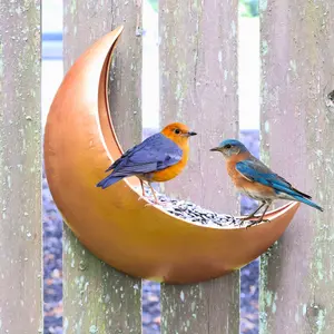 Fence & Tree Mounted Moon Bird Feeder – Cardinal, Squirrel Feeder, Rustic Gold Metal Wall Bird Feeder for Outdoors, Wild Bird Feeder for Bluebirds.