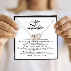 To My Badass Stepdaughter, Interlocking Hearts Necklace, Stepdaughter Gift Necklace Present, Stepdaughter Birthday Christmas Gift Idea, Unique Jewelry Card for Stepdaughter, Message Card with Gift Box