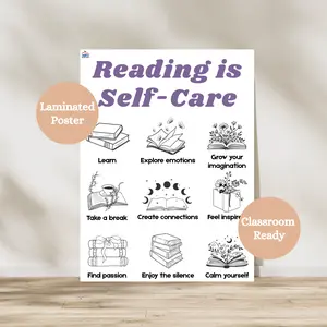 Reading is Self-Care Laminated Poster | Child Book Lover Decor | School Library Reading Encouragement Poster
