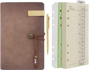 Leather Journal A6 Refillable 6 Ring Binder Notebook with Lined Paper and Pen,Writing Diary for Work Travel and Agenda Plan (a-Maroonpink)