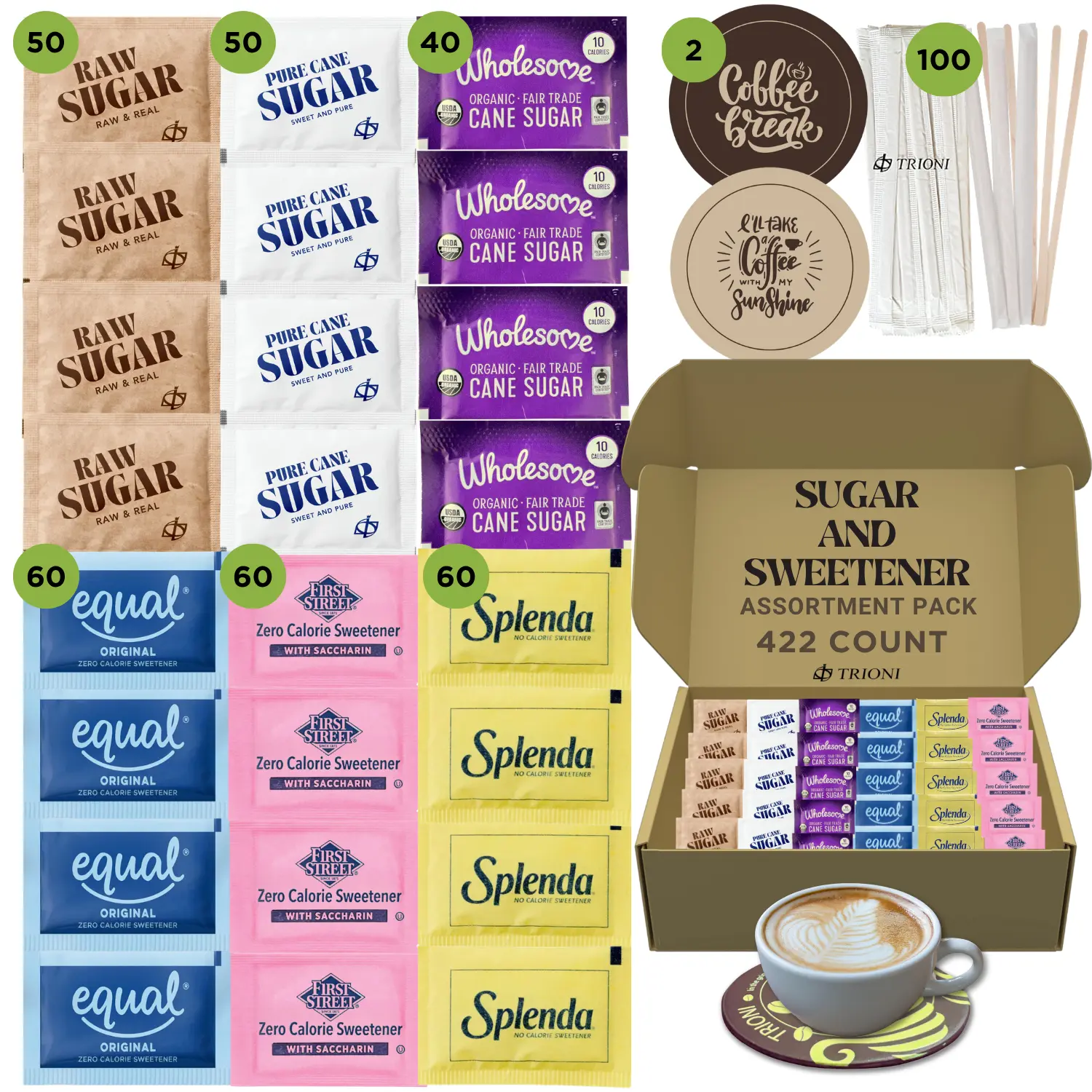 TRIONI Sugar and Sweetener Packet Assortment – 291 or 422 Count Variety Packs