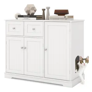 COSTWAY - Cat Litter Box Enclosure with 2 Drawers and 3 Doors for Kittens and Adult Cats-White