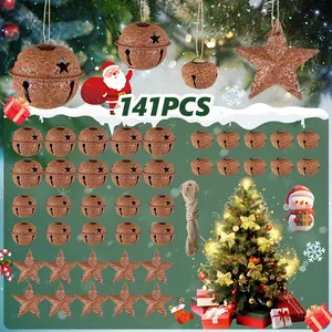 140 Pcs rusty style Christmas bells and pentagram decoration sets, paired with 1 roll of 5-meter hemp rope, suitable for bulk farmhouse decoration of Christmas trees, wreaths, and seasonal holiday decorations