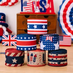 Fashion Accessory Set - New Linen American Ribbon Flag Strips, Red-White-Blue Patriotic Decoration Centrepieces for Independence Day Party