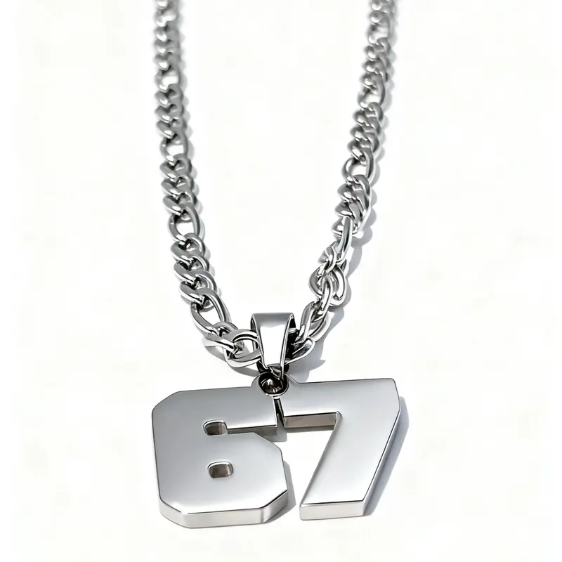 67 Number Pendant Necklace, Lucky Number Trend, Tiktok Same Style, Street Minimalist Stainless Steel Chain, Unisex Fashion Jewelry, Fashionable Jewelry Accessories