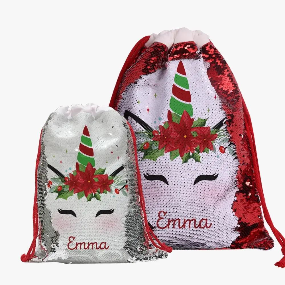 Custom Christmas Poinsettia Unicorn Sequin Drawstring Gift Sack | Personalized Santa Bag for Kids