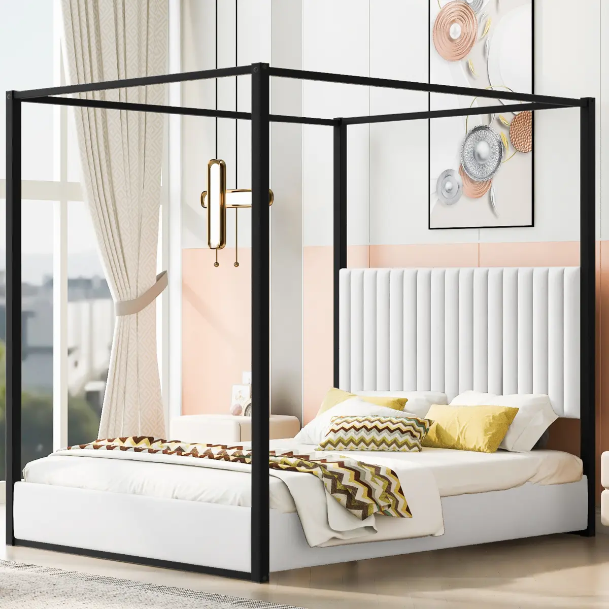Queen Size Metal Canopy Bed Frame, Black 4 Poster Bed with Tall Upholstered Headboard, Velvet Upholstered Canopy Platform Bed, No Box Spring Needed, White