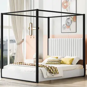Queen Size Metal Canopy Bed Frame, Black 4 Poster Bed with Tall Upholstered Headboard, Velvet Upholstered Canopy Platform Bed, No Box Spring Needed, White