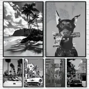 Black and White Palm Tree Beach Landscape Photography Poster Print Home Decor for Living Room, Bedroom, Entryway, Bar, Café