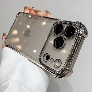 Luxury Airbag Shockproof Bright Plating Clear iPhone Case with Camera Lens Protectors for Apple 17 16 15 14 13 12 11 Pro Max Plus Transparent Hard Cover Protection Casing