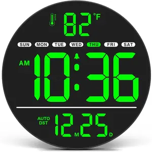 Large Digital Wall Clock with LED Display, Electric Wall Clock with Temperature, Auto DST, Date, and Day, 5-Level Brightness for Office, Bedroom, Living Room, Classroom Decor