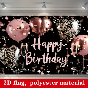 2D flat, 1pc Elegant Black & Pink Birthday Banner - 59.6" x 39.4" Polyester Backdrop with Balloons, Champagne, and Confetti Design - Perfect for Surprise Party Photos & Memorable Celebration
