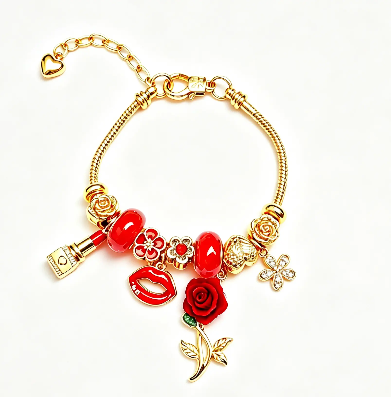Gold Tone Red Rose Charm Bracelet for Women, Snake Chain Bracelet with Lip, Lipstick, Flower & Glossy Red Beads, Romantic Valentine’s Day Jewelry Gift for Her