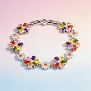 Colorful Flower Cubic Zirconia Bracelet for Women, Dainty Silver Plated Floral Tennis Bracelet, Sparkly Multicolor CZ Statement Jewelry, Perfect Gift for Mom, Sister & Best Friend