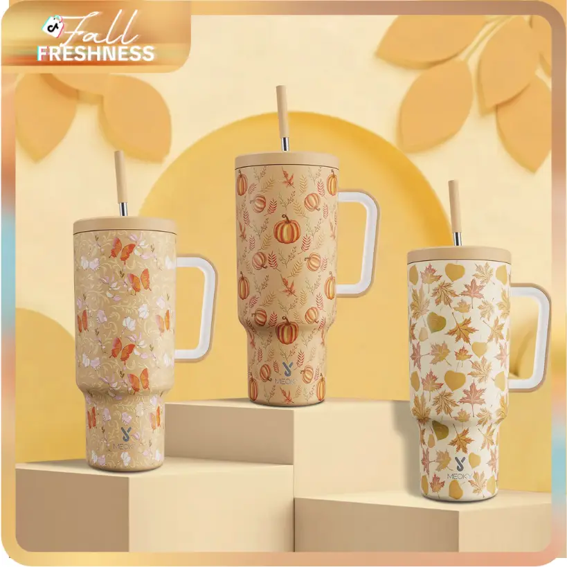 【MEOKY-FallFreshness】40oz Tumbler,Yellow Collection Stainless Steel Thermos Cup,Keeps Drinks Hot&Cold,Food Safe,Non-Slip Base, Car-Cup Fit,Easy-Clean,