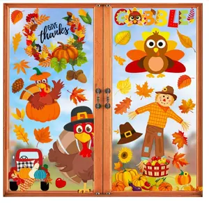145PCS Tanksgiving Window Clings, Fall Window Decorations for Glass Windows, Pumpkin Fall Leaves Window Stickers Decals, Gobble Turkey Stickers Thanksgiving Decor for Home Office Classroom Light Set