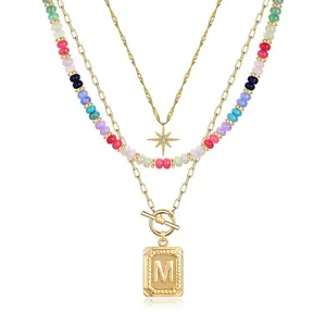 Layered Initial Necklaces for Women Trendy, 14K Gold Plated Brass Simple Star Choker Square Letter Pendant Necklace, Colorful Beaded Necklaces Jewelry Gifts