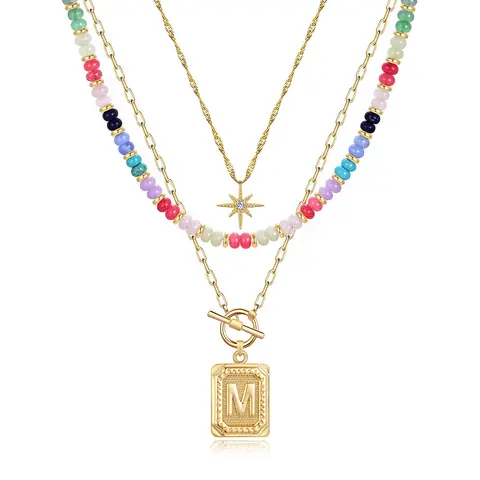 Layered Initial Necklaces for Women Trendy, 14K Gold Plated Brass Simple Star Choker Necklace, Square Letter Pendant Necklace, Colorful Beaded Necklaces Jewelry Gifts