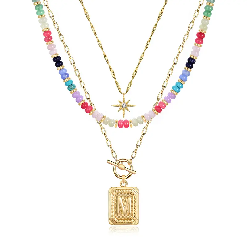 Layered Initial Necklaces for Women Trendy, 14K Gold Plated Brass Simple Star Choker Necklace, Square Letter Pendant Necklace, Colorful Beaded Necklaces Jewelry Gifts