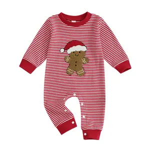 Canrulo Newborn Infant Baby Boy Girl Christmas Outfit Embroidered Gingerbread Romper Red Striped Onesie Long Sleeve Jumpsuit