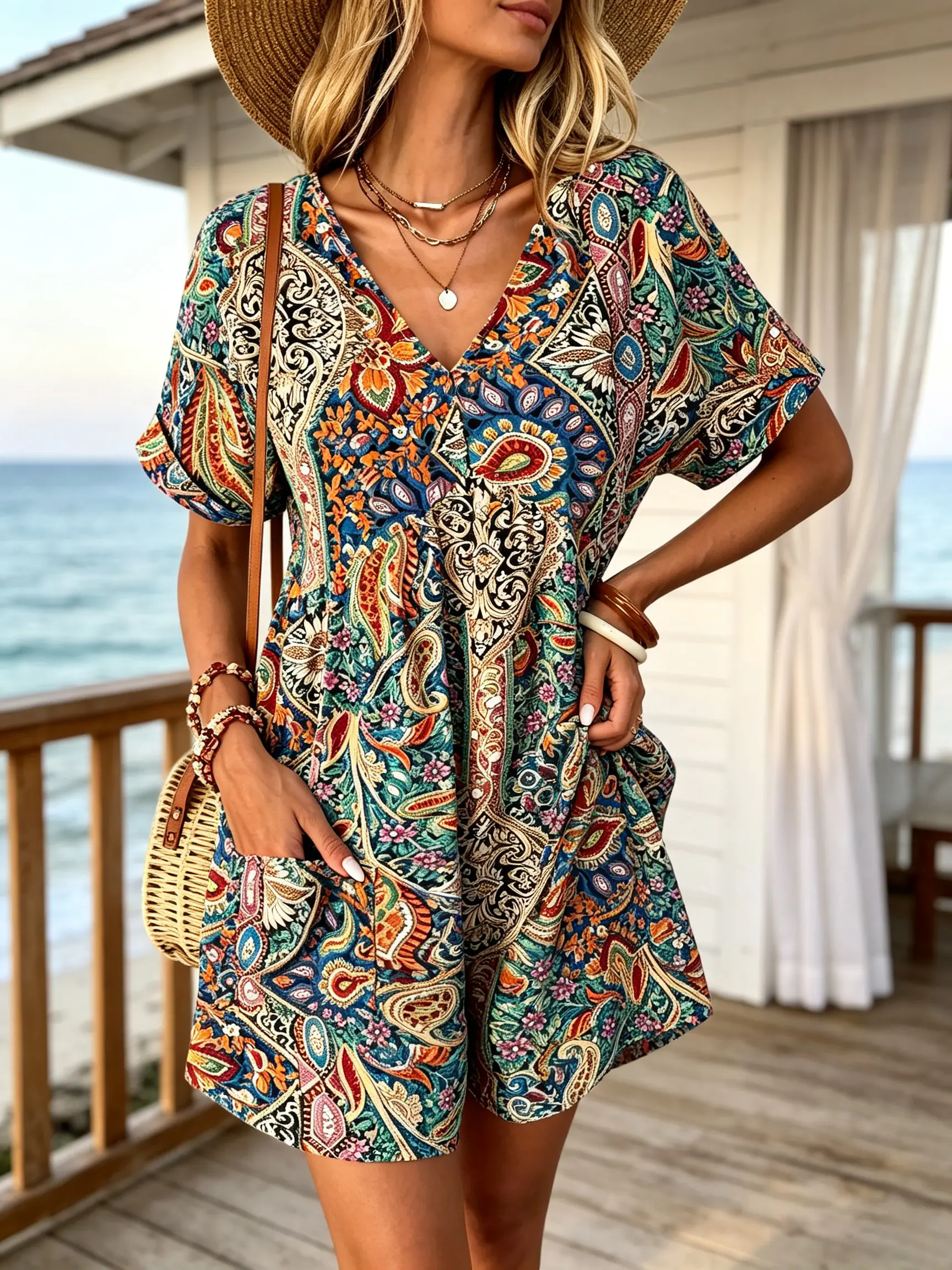 Womens Boho Floral Print Romper V-Neck Short Sleeve Casual Jumpsuit with Pockets Summer Beach Vacation Outfit Lightweight Flowy Playsuit Bohemian Ethnic Pattern One-Piece Resort Wear Polyester