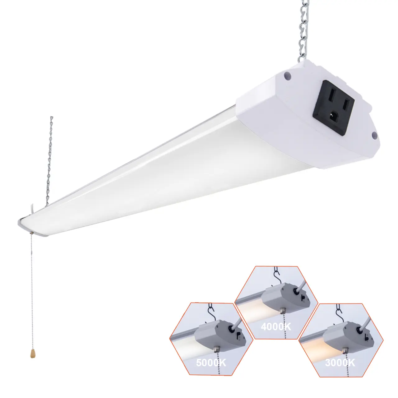 HOLDWILL LED Shop Light 4FT 48W Linkable Integrated Ceiling Lighting Fixture, 3 CCT Selectable with Pull Chain LED Workbench Light for Workshop,Garage
