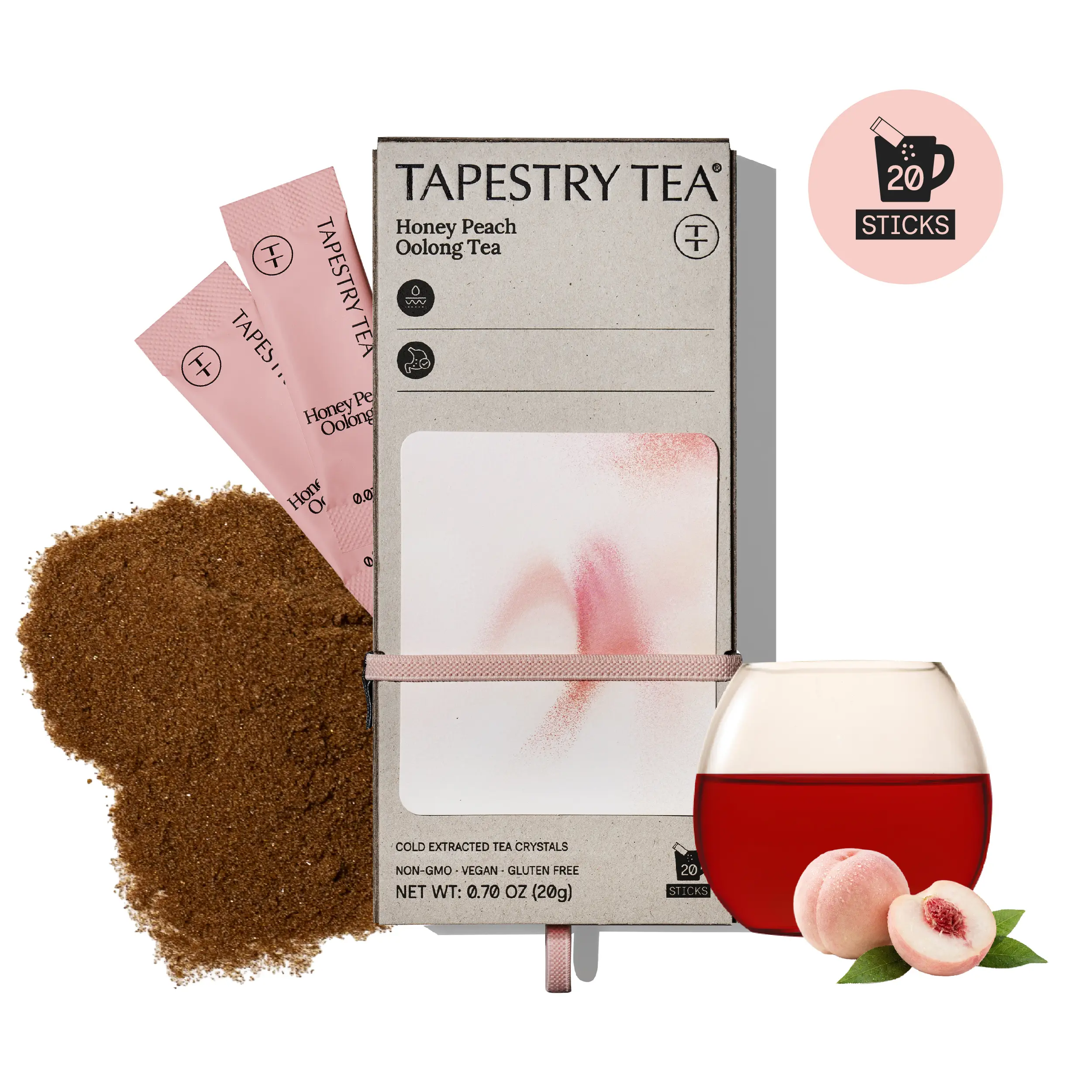 Tapestry Tea Premium Honey Peach Oolong Tea Crystals | Sweet Peach & Floral Notes | 3 Seconds to Refreshing Vitality | Hot or Cold Brew | 100% Whole Leaf Cold-Extracted Instant Tea Powder | 20 Sticks
