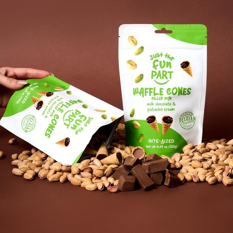 Just the Fun Part Mini Waffle Cones filled with Pistachio Cream & Milk Chocolate Dessert Snack Crunchy Bite Flavor Bonbon