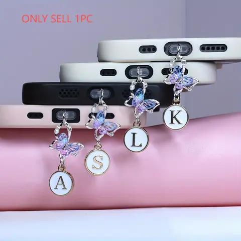 1PC Exquisite Water Crystal Gradient Butterfly & White 26-Letter Pendant Phone Charm, Dust Plug Decorative Accessory for iPhone/Samsung/Type-C Port, Cell Phone Accessories