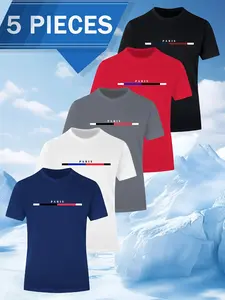 Men's Paris Print Short Sleeve T-Shirt Set, Quick-Dry Breathable Sweat-Absorbing, Casual Loose Fit Round Neck Summer Tops