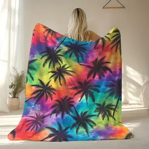 Vibrant Tropical Palm Tree Print Blanket – Soft Flannel Throw for Home, Travel, Camping & Car Decor – Colorful Design with Black Silhouettes of Palm Trees – Perfect Gift for Any Occasion, Palm Tree Decor