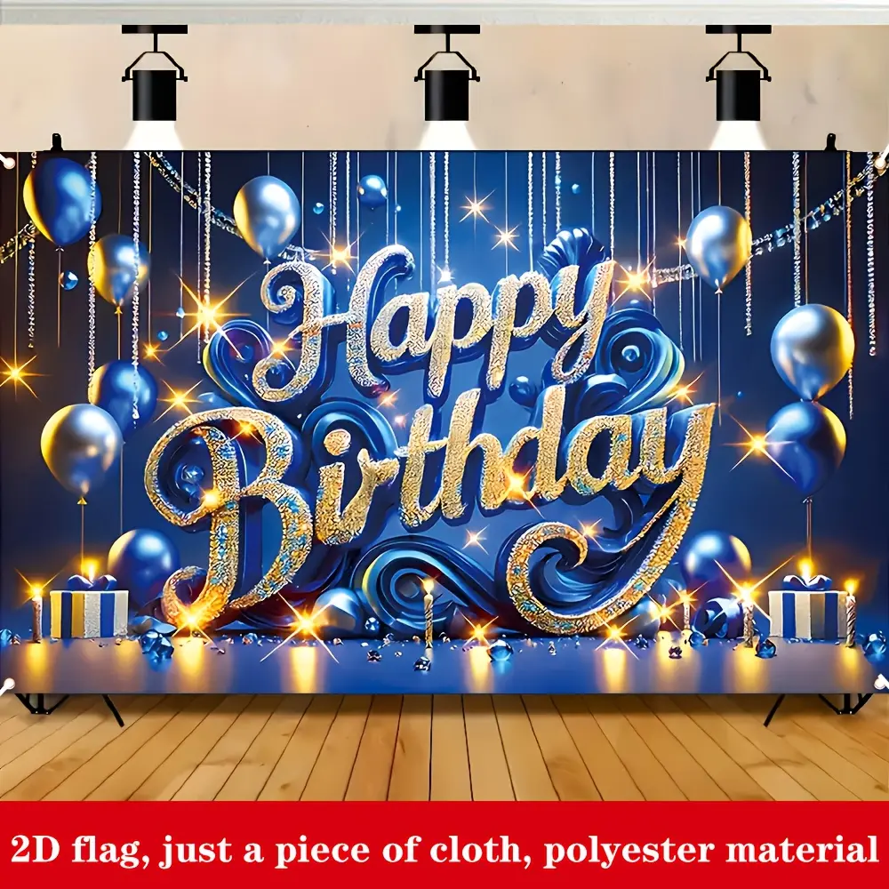 2D Flat Photo Print Backdrop Banner - Blue Golden Theme Lightweight Room Tapestry, Home Decor, for Family Birthday Party Celebrations, Gift Box Surprise Decor