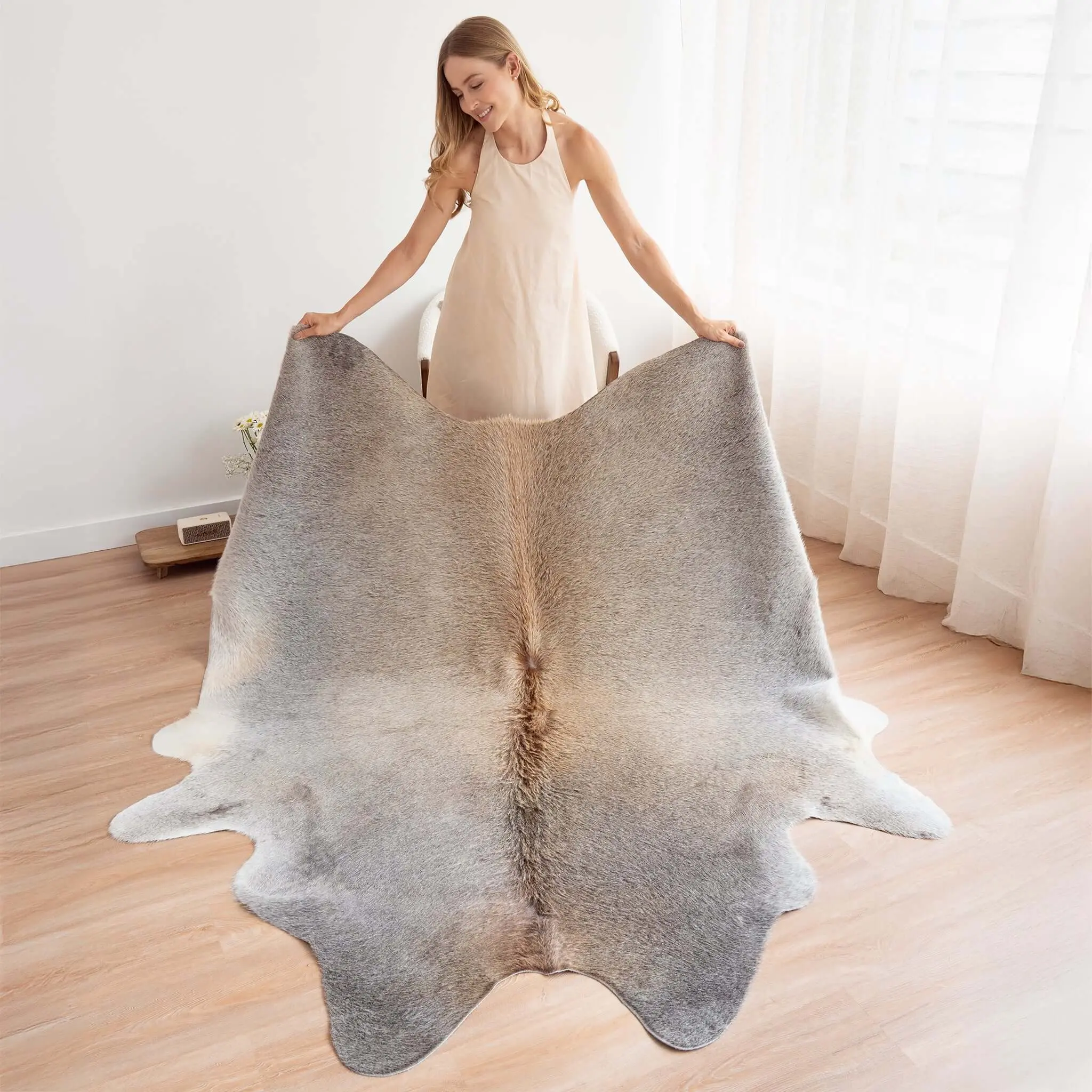 Grey Beige Natural Cowhide Rug – Large to XX-Large Sizes – 100% Real Leather