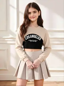Girls' Fall Fashion Long Sleeve Sweatshirt Shawl & Letter Print Crop Top & Pleated Skirt Set, Fashion Clothes Set, Best Gift for School Season