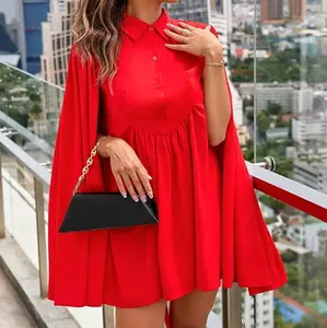 Women's Red Cloak Sleeve Smock Dress for Holiday Dating Wedding Party Night Out Beach Vacation Daily Wear Casual Womenswear Soft Summer Basic Collared Minimalist Cocktail Style