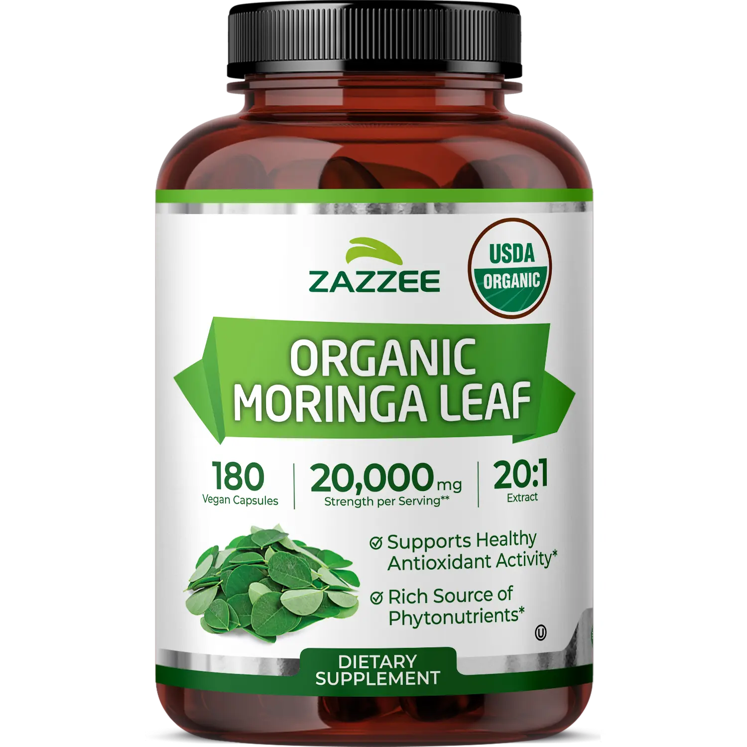 Zazzee USDA Organic Moringa Leaf 20:1 Extract Capsules - 20X