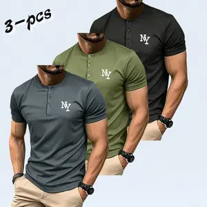 Men’s 3-Pack Letter Henley T Shirts, Casual Short-Sleeve Buttoned Men's T Shirts, Classic Sports Style Summer Everyday Tops, T Shirt