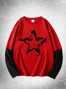 Men's Star Print 2 in 1  T-shirts, Casual Regular Fit Long Sleeve Round Neck Top  for Daily Wear, Men's Top for All Seasons