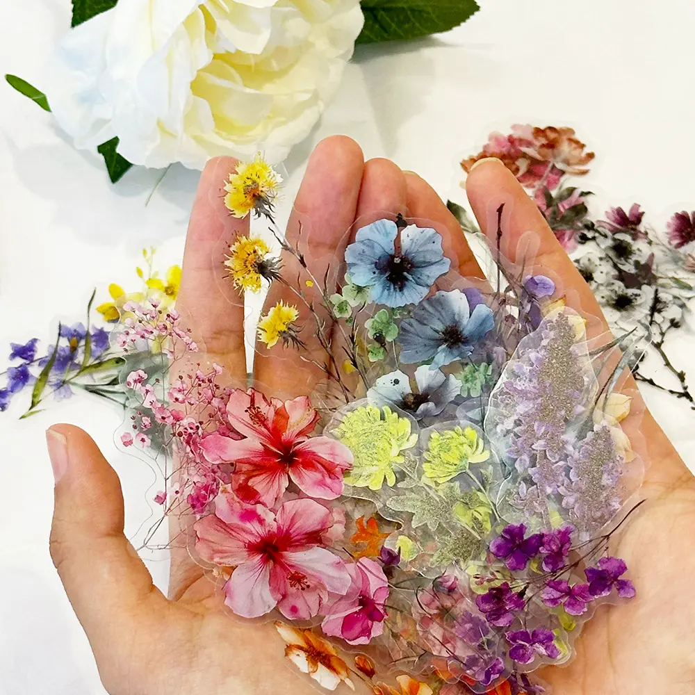 Transparent Pressed Flower Stickers, Clear PET Watercolor Floral Ephemera Stickers, Vintage Wildflower Botanical Decals