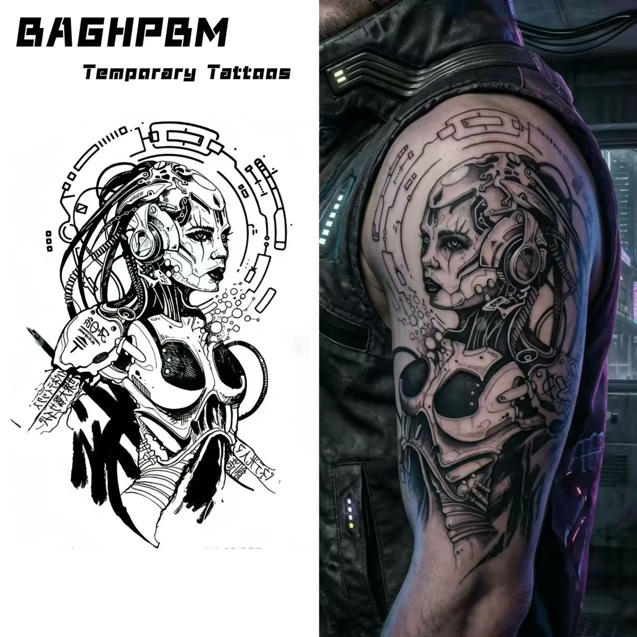 BAGHPBM Temporary Tattoos,Cyberpunk Futuristic Mecha Floral Arm Tattoos: Unique Waterproof, Long-Lasting Temporary Tattoos for Men and Women (Thighs and Arms)