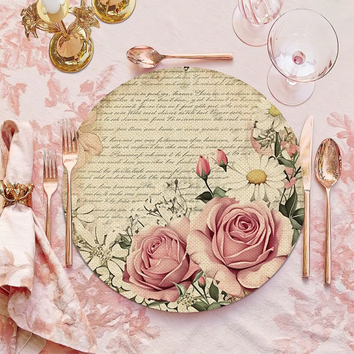 2/4pcs Pink Rose Pattern Placemats, Round Floral Woven Dining Table Mats For Valentine's Day, Wedding, Restaurant, Party, Kitchen Decor, Kitchen Decorative Placemat, Household Placemat, party supplies