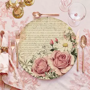 2/4pcs Pink Rose Pattern Placemats, Round Floral Woven Dining Table Mats For Valentine's Day, Wedding, Restaurant, Party, Kitchen Decor，party supplies