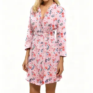 Womens Robe Lightweight Floral Print Short Knit Bathrobe Soft Ladies Sleepwear with Pockets Machine Washable Loungewear