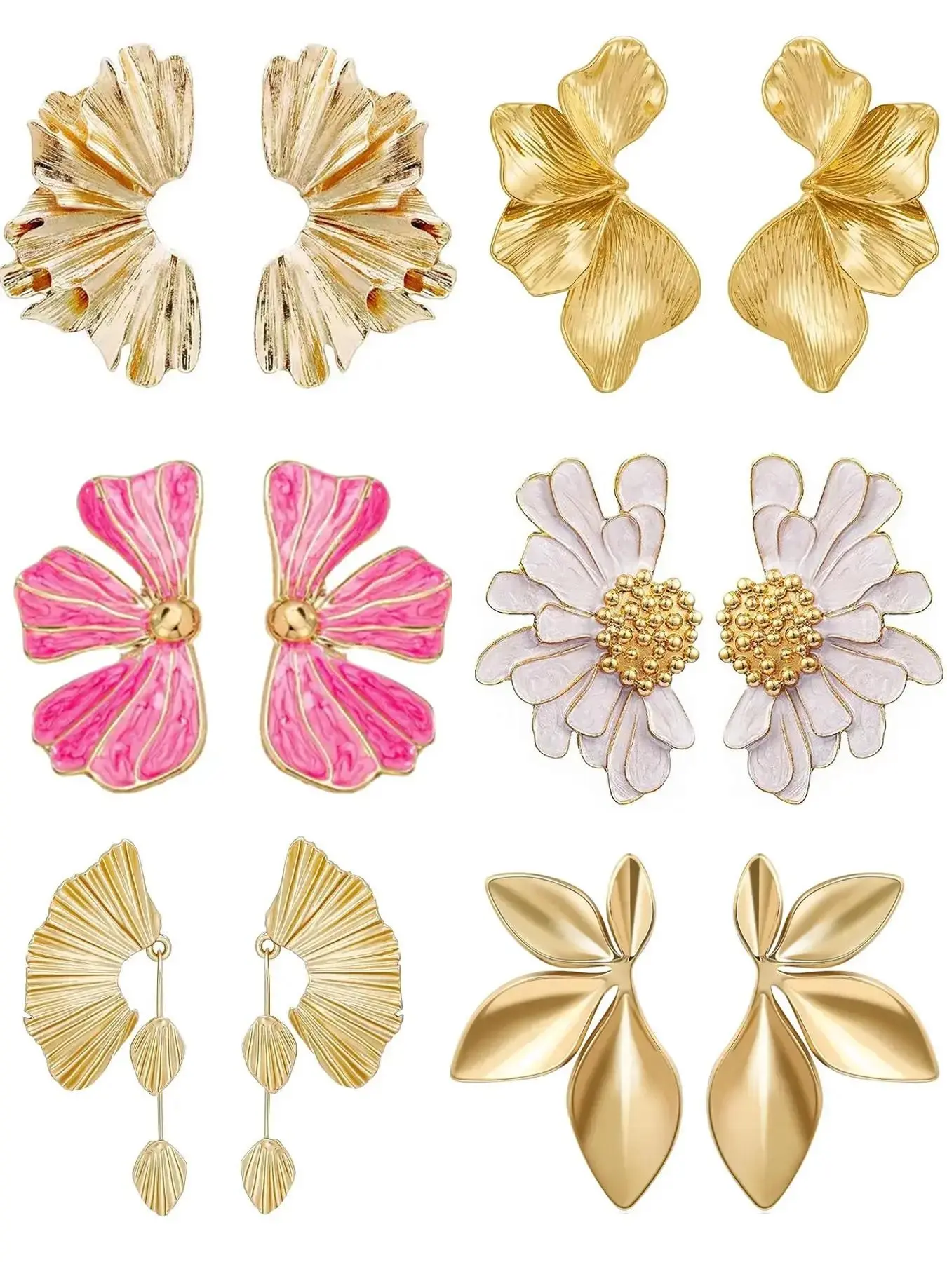 6 Pairs Earring Set Chunky Gold Statement Earrings For Women Gold Plated Sectored Flower Leaf Shell Angel Wing Earrings Large Stud Earrings Hypoallergenic Earrings